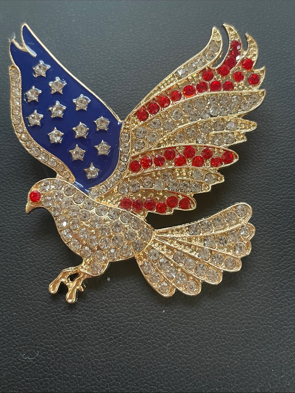Patriotic Rhinestone Eagle Brooch - Red, Blue, Clear 2.0”
